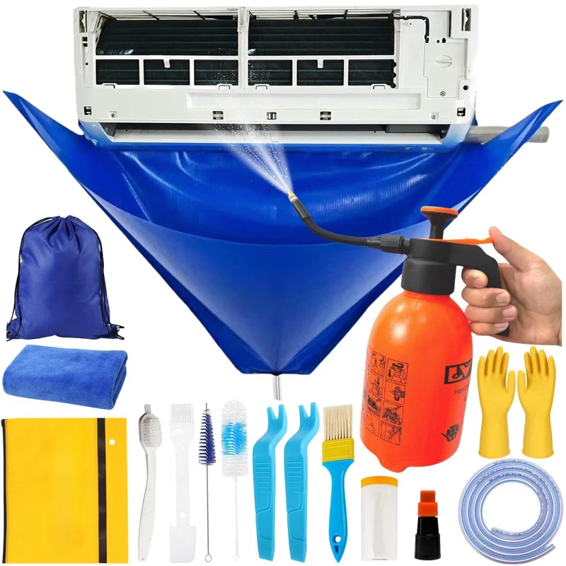 Oiktylr 18Pcs Mini Split Cleaning Kit Bag with 2L Pressure Sprayer, PVC AC Cleaning Cover, Waterproof Air Conditioner Cleaning B