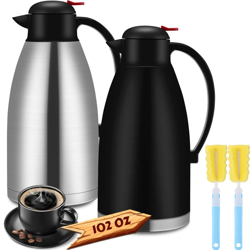 Nuogo 2 Pcs 102 oz Stainless Steel Thermal Coffee Carafe, Silver, Black