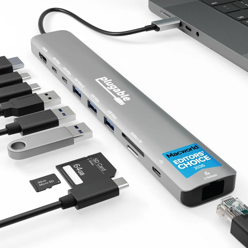 Plugable Usb C Hub: 10-In-1 Multiport Adapter (8K/4K 144Hz Hdmi 2.1, 2.5G Ethern