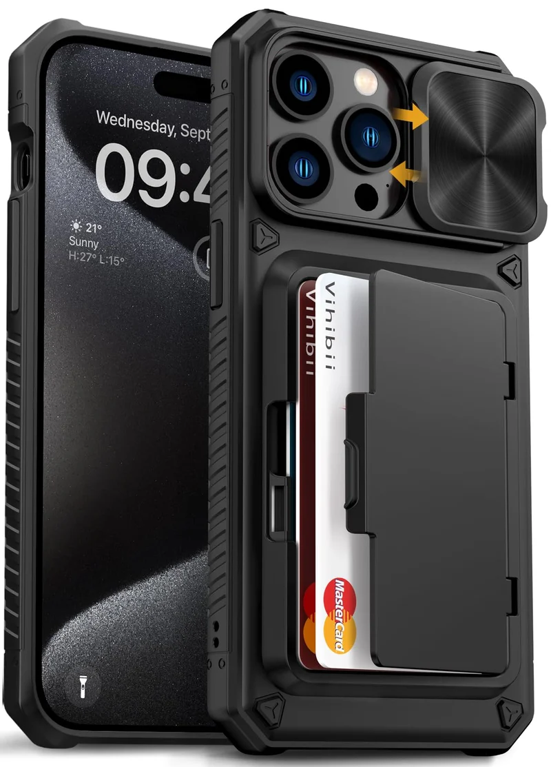 Vihibii for iPhone 15 Pro Max Case Wallet with Card Holder (4 Cards), Black
