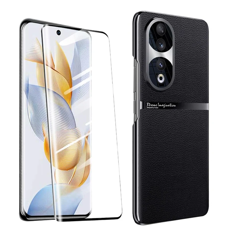QUIETIP Hard Case Compatible with Honor 90 5G with Tempered Glass Screen Protector,Slim Shockproof Vegetarian Shell Metal Lens Protective Cover,Black