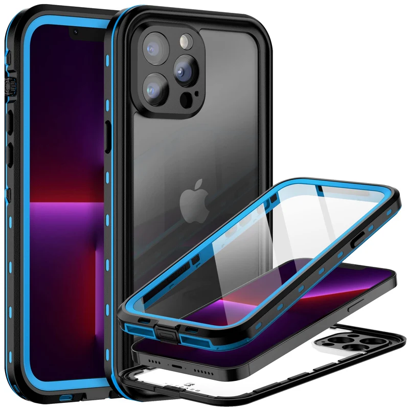 BEASTEK Waterproof Case for iPhone 13 Pro, TRE Series Shockproof Dustproof Underwater IP68 Case with Built-in Screen Protector Full Body Protective Cover, for iPhone 13 Pro (6.1) (Blue/Clear)