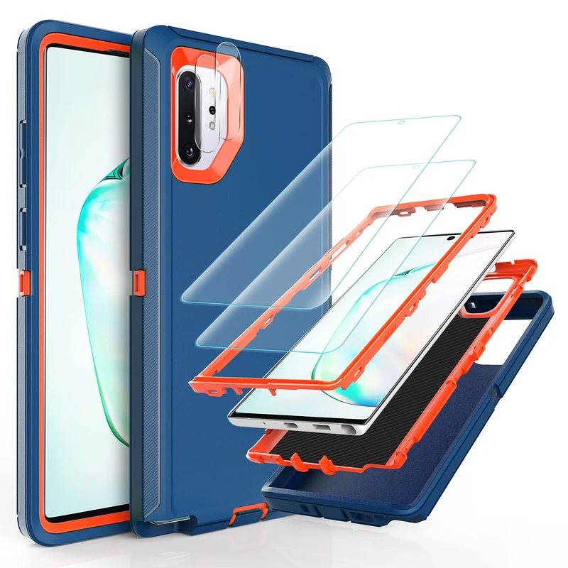 YmhxcY Note 10 Plus Case with Self Healing Flexible TPU Film[2 Pack] and Camera Lens Screen Protective Film[2 Pack], Heavy Protection Cover for Samsung Galaxy Note 10 Plus-Blue and Orange