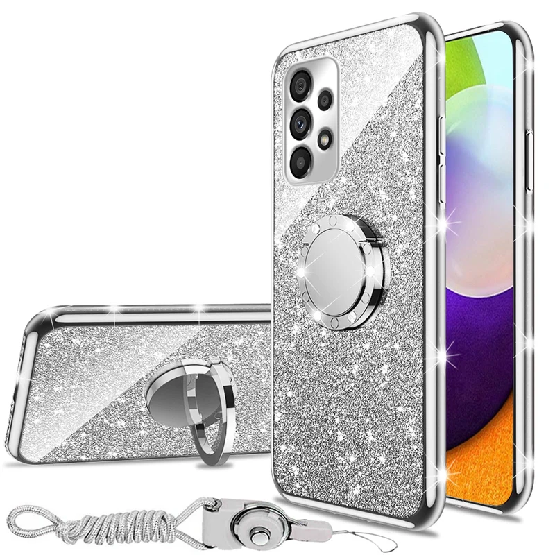 nancheng Soft TPU Case for Samsung Galaxy A52 5G (6.5-inch), Shockproof Protective Cover with 360°Rotatable Ring Stand & Anti-Lost Lanyard Glitter Phone Case for Women Girls Men - Silver