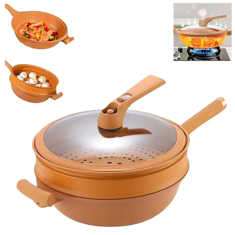 LAILAI Pottery Clay NonStick MultiPurpose Cooker with Steamer Basket & Glass Lid Ceramic Coated Deep Frying Pan, Steam Cooke