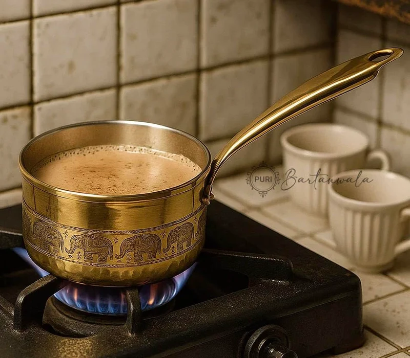 PURI Bartanwala Brass Elephant Marathon Tea Pan/Chai/Patila Hammered Glossy Tin/Kalai Plating Inisde 1200 ml / 1.2 Liter (for