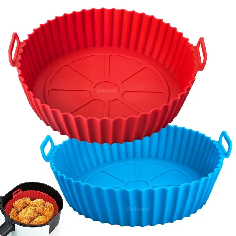 Solitude 2 Pcs Air Fryer Liners I Round Silicone Basket Baking Tray I Pot with Ear Handles I Nonstick Reusable Heat Resistant I