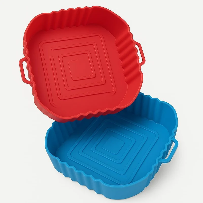 Vepvopz 2 PCS Air Fryer Liners I Square Silicone Basket Baking Tray I Pot with Ear Handles I Nonstick Reusable Heat Resistant I