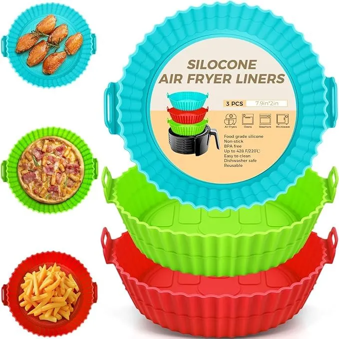 Air Fryer Silicone Liner Set, Nonstick Baking Tray with Handle, Heat Resistant, 3 Pack, Reusable Air Fryer Tray Multicolour