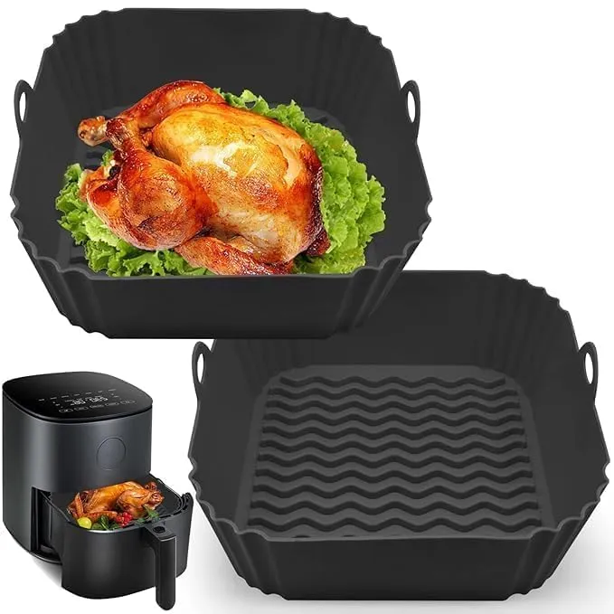 2 Pack Black Color Air Fryer Tray, Food Safe Heating Baking Tray, NonStick Silicone Airfryer Tray