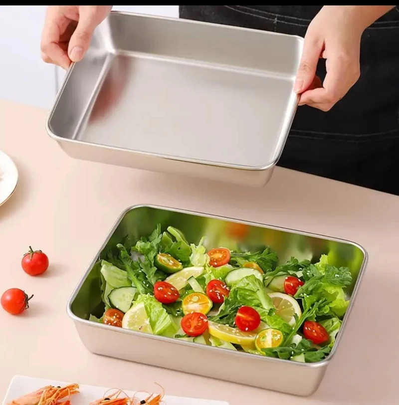 Sarjak Stainless Steel Square Plate with Lid, Food Grade Stainless Steel Thickened Food Containers Baking Pan Cake Brownie Pan M