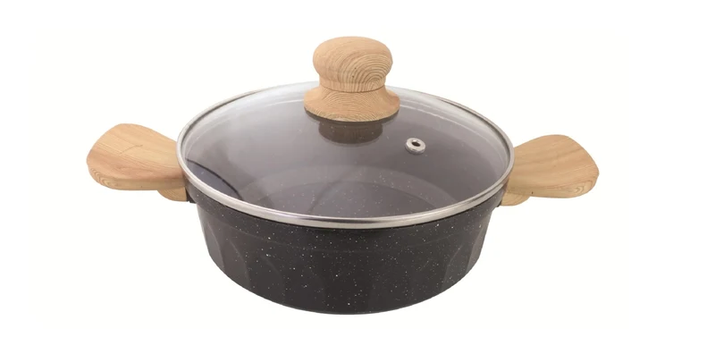 Swift DieCast Cooking and Serving Pot with Glass Lid | Induction Base | Wooden Handles | Suitable for Curry, Dal and Sabzi | 18