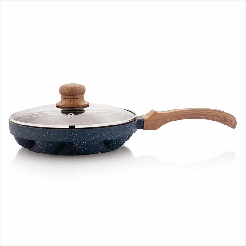 RELICA DieCast Appam Patra Paniyaram Pan with Glass Lid (12 Cavity), 5Layer Granite NonStick, PFOA Free, 4mm Thick, Wooden Lo