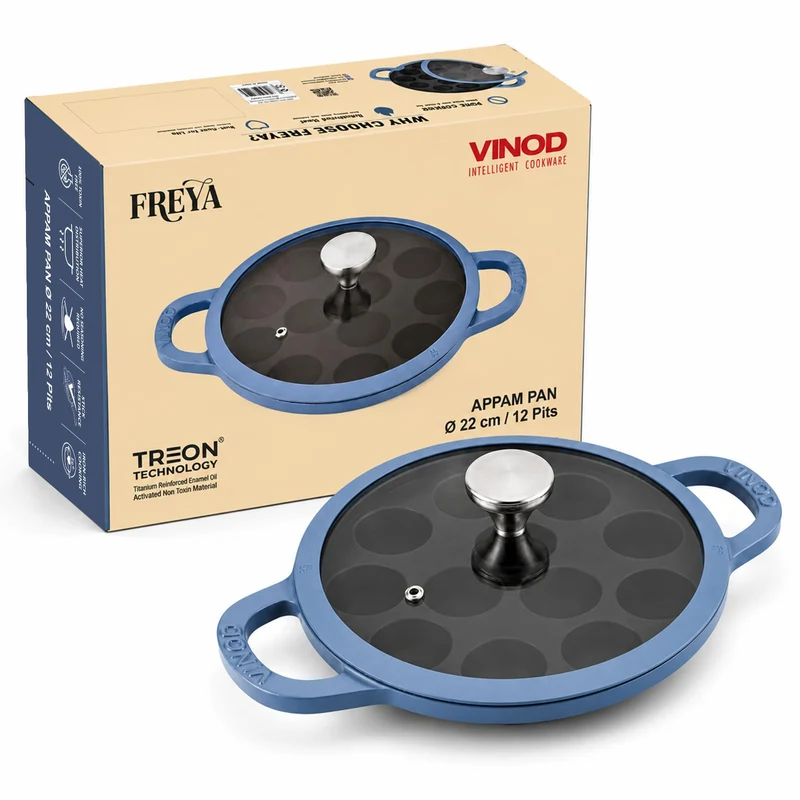 Vinod Freya Enameled Cast Iron Appe Pan with Glass Lid 22 cm, 12 Pits | 100% Toxin Free | No Seasoning Required | TREON Techno