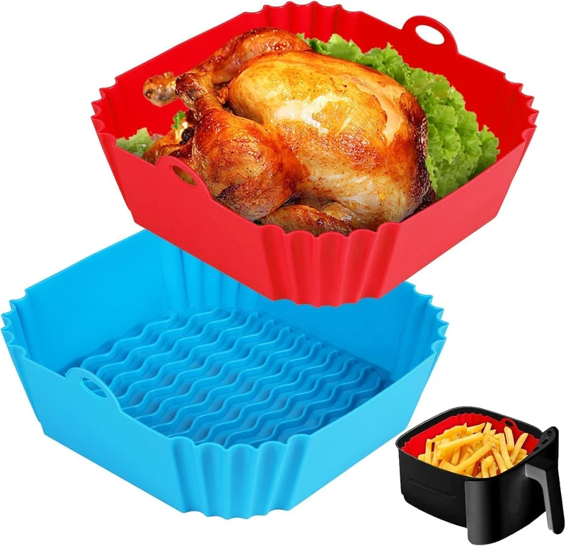 PEPONZ Square Silicone Air Fryer Liner Basket with Handles 7 Inch Nonstick, Reusable, HeatResistant Baking Tray Insert Mult