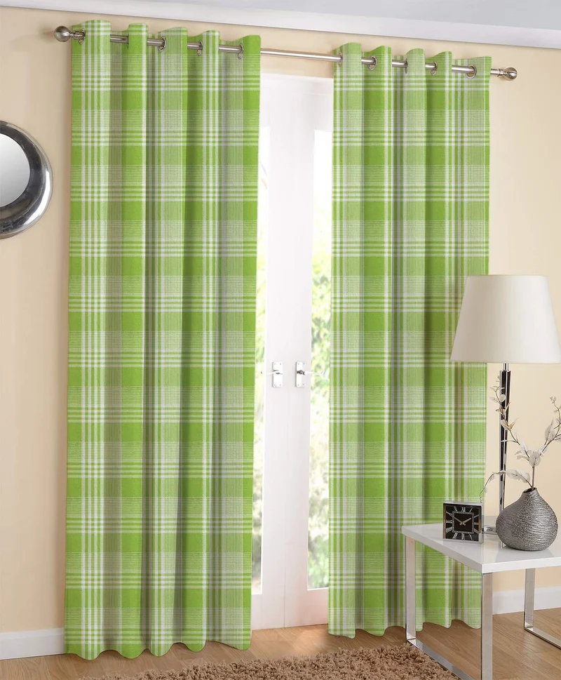 AIRWILL Cotton Grommet Checkered Semi Sheer Curtain Finial with Bracket, 4 X 7 Ft, Green, Pack of 2