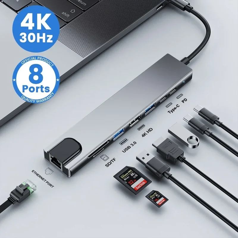 USB C Hub 8In1 7in2 7in1 Type C 3.1 To 4K HDMI Adapter with RJ45 SD/TF Card Reader PD Fast Charge for MacBook Notebook Laptop