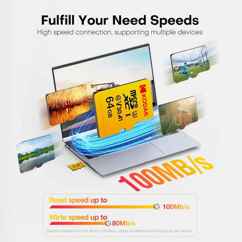 KODAK Micro SD Card 32GB 64GB 128GB V30 U3 4K Yellow for Dash Cam Driving Recorder TF Card
