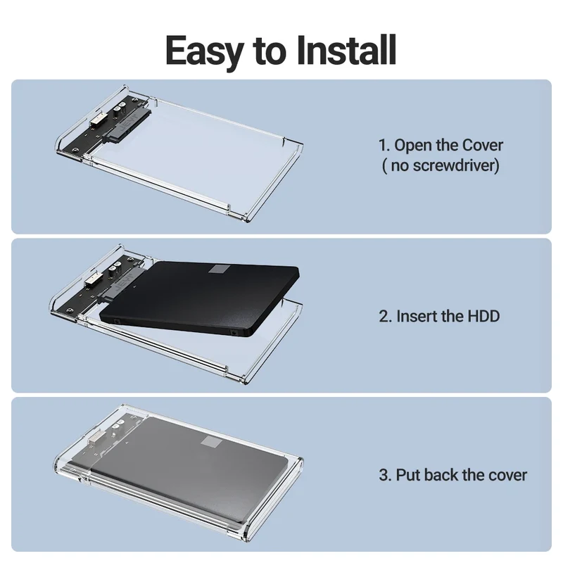 JEYI 2.5'' Tool-Free External HDD Enclosure - USB 3.0 to SATA III, Transparent Cooling, Compatible with 7mm/9.5mm SATA HDD/SSD
