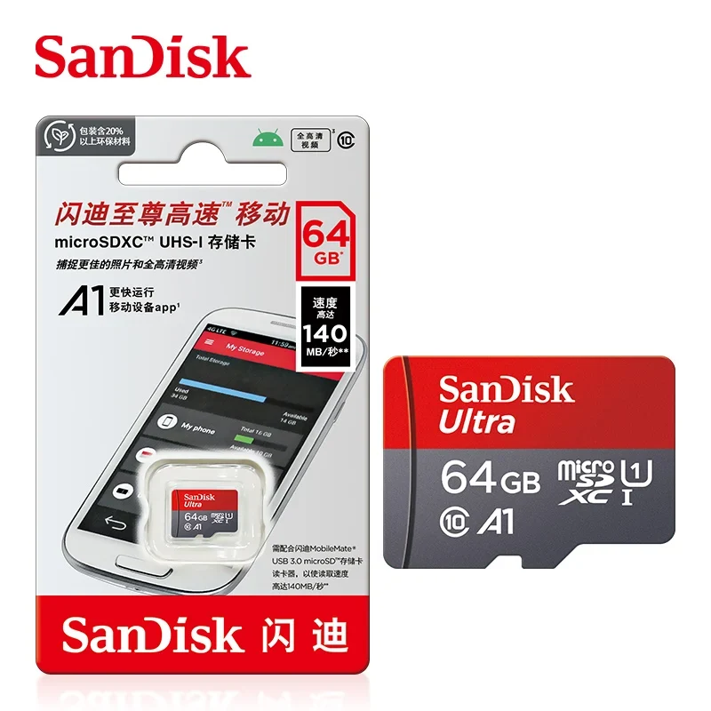 Original SanDisk A1 Memory Card 256GB 128GB 100MB/S 64GB 32GB Micro SD Card Class 10 UHS-1 Flash MicroSD TF + Type-C Card Reader