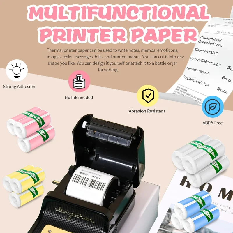 57*25MM Mini Printer Thermal Paper HD Self-adhesive Roll Paper Label Sticker Photo Inkless Printing Portable Printer Color Paper