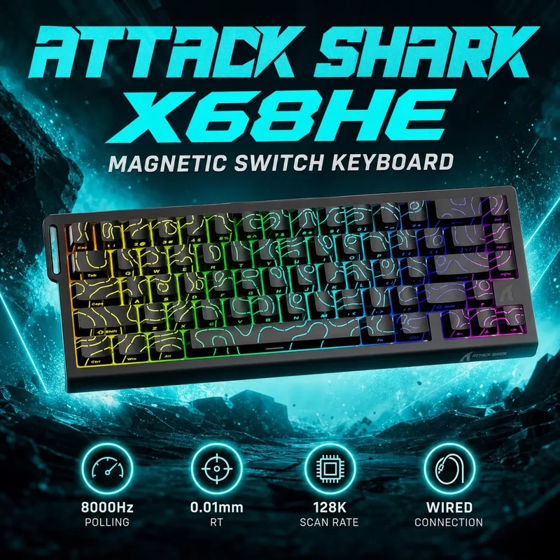 ATTACK SHARK X68HE Wired RGB Keyboard for PC Gaming with PBT Double-Shot Keycaps, 0.01mm Rapid Trigger Accuracy, 128K Scan Rate