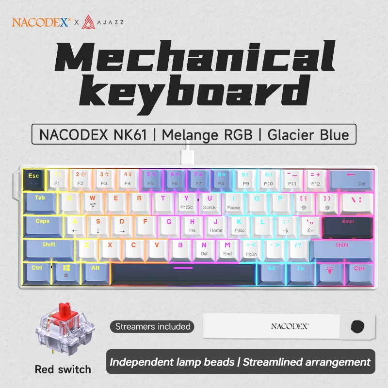 AJAZZ NK61 Wired Gaming Mechanical Keyboard 60% RGB Hot-Swappable 61 Keys Red Switch Mini Keyboard for Gamer PC