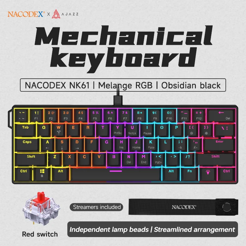 AJAZZ NK61 Wired Gaming Mechanical Keyboard 60% RGB Hot-Swappable 61 Keys Red Switch Mini Keyboard for Gamer PC