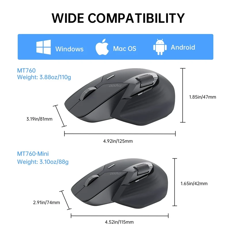 Rapoo MT760L/MT760M Multi-mode Rechargeable Wireless Mouse Ergonomic 4000 DPI Support Up to 4 Devices Bluetooth Mouse