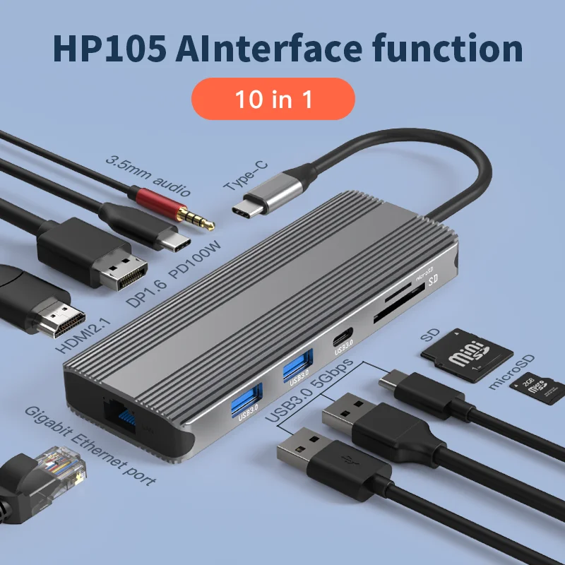Blueendless 10 in 1 Ports Type C Adapter 4K 120Hz 8K DP Port Type C Data Transfer USB3.0 TF SD Reader Headphone Socket