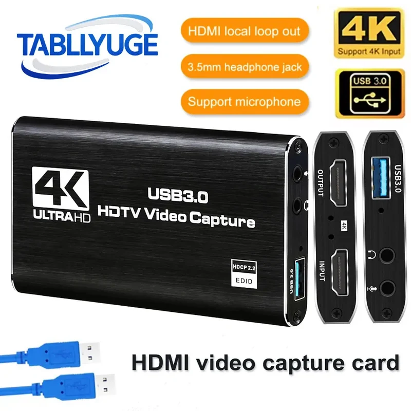 TABLLYUGE 4K USB 3.0 HDTV Video Capture Card HDMI-compatible Video Recorder Grabber For PC PS4 OBS Game Recording Game Audio Mic