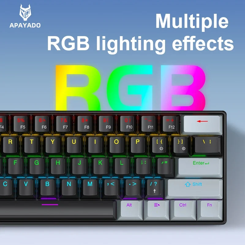 APAYADO K61 Mini Mechanical Keyboard,Wired,61 Keys,Phantom RGB, Black/White Red/Blue Mechanical Switch for Gaming,60% Portable