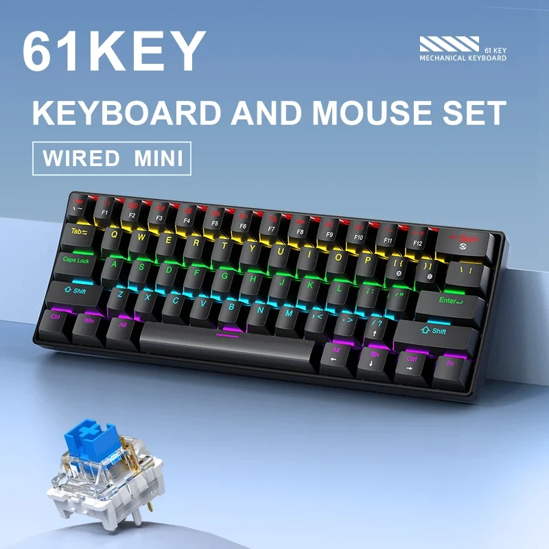 APAYADO K61 Mini Mechanical Keyboard,Wired,61 Keys,Phantom RGB, Black/White Red/Blue Mechanical Switch for Gaming,60% Portable