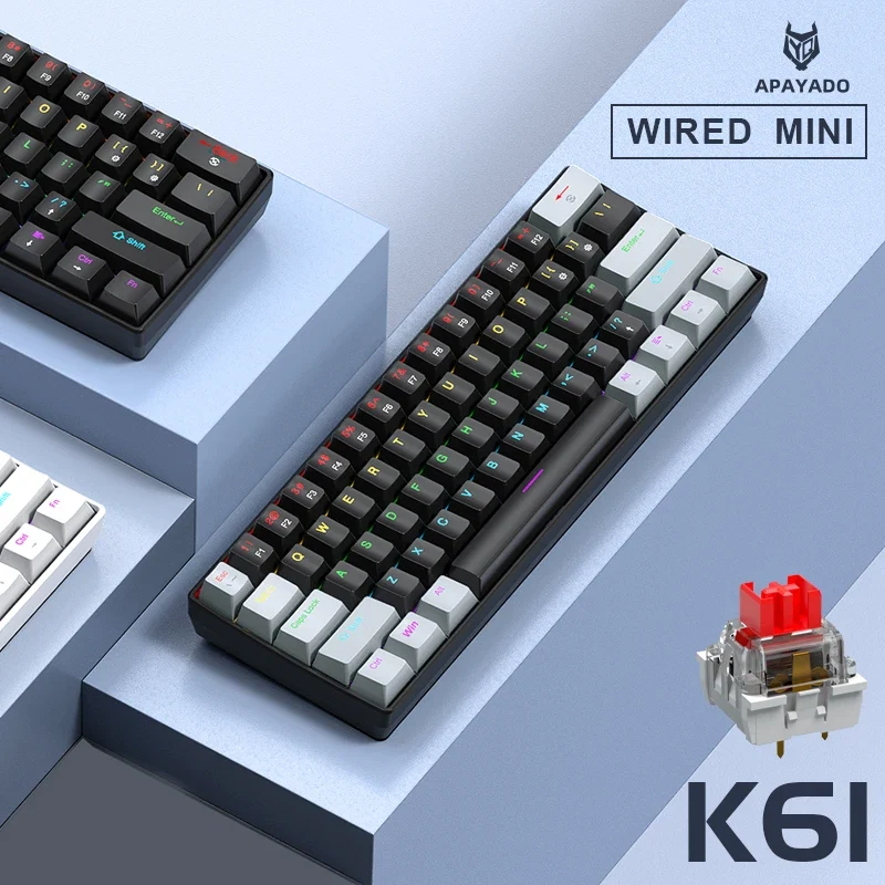 APAYADO K61 Mini Mechanical Keyboard,Wired,61 Keys,Phantom RGB, Black/White Red/Blue Mechanical Switch for Gaming,60% Portable