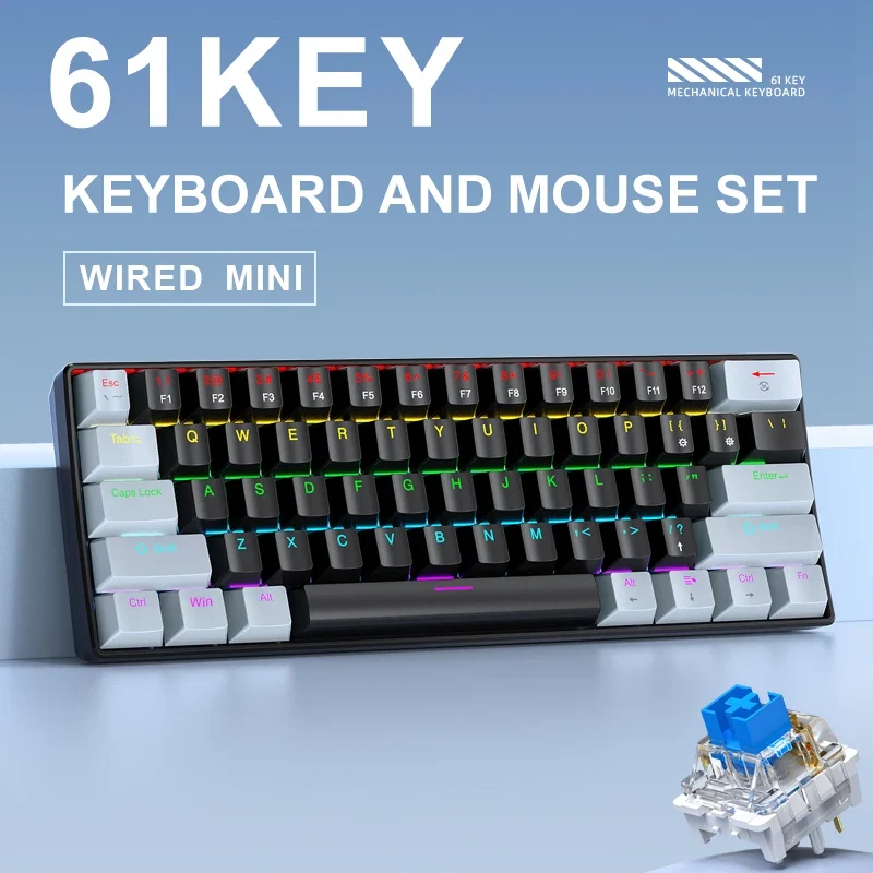 APAYADO K61 Mini Mechanical Keyboard,Wired,61 Keys,Phantom RGB, Black/White Red/Blue Mechanical Switch for Gaming,60% Portable