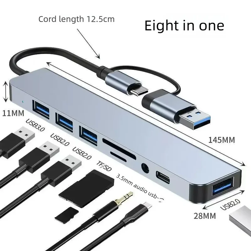 8-in-2 USB Type C Hub with 3.5mm Audio Jack, Micro SD Reader for Laptop/Tablet/Phone, Disk Converter Multi-Interface