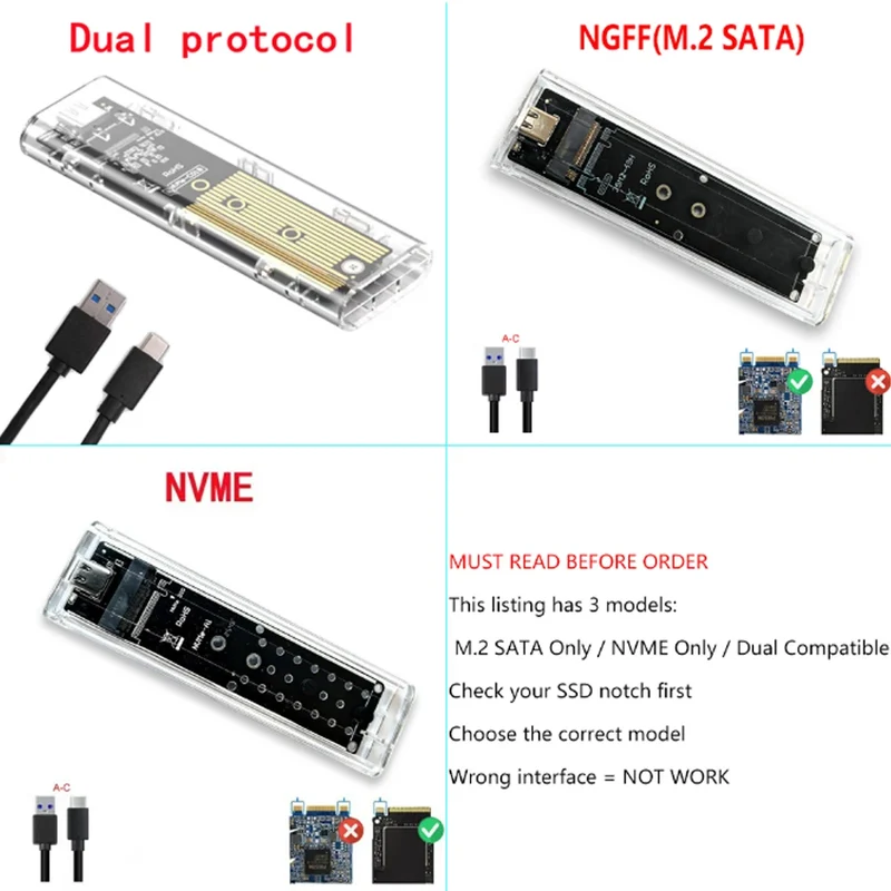 M.2 NVME PCIe NGFF SATA Dual Protocol SSD Case Clear USB Type C PCI-E M2 SSD Transparent External Enclosure Hard Disk Box