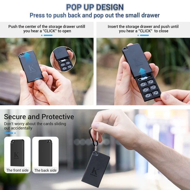 Pop-up Slim TF Memory Card Case Holder for 8 TF MSD Cards with Carabiner, Portable Anti-Shock Splash-proof MicroSD Card Case