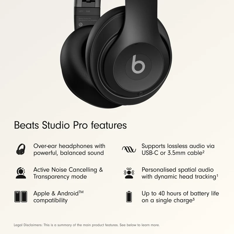 Beats Studio Pro Premium Wireless Over-Ear Headphones- Up to 40-Hour Battery Life, Active Noise Cancelling, Great for Travel & Commuting, USB-C Lossless Audio, Apple & Android Compatible -Black (Refurbished)