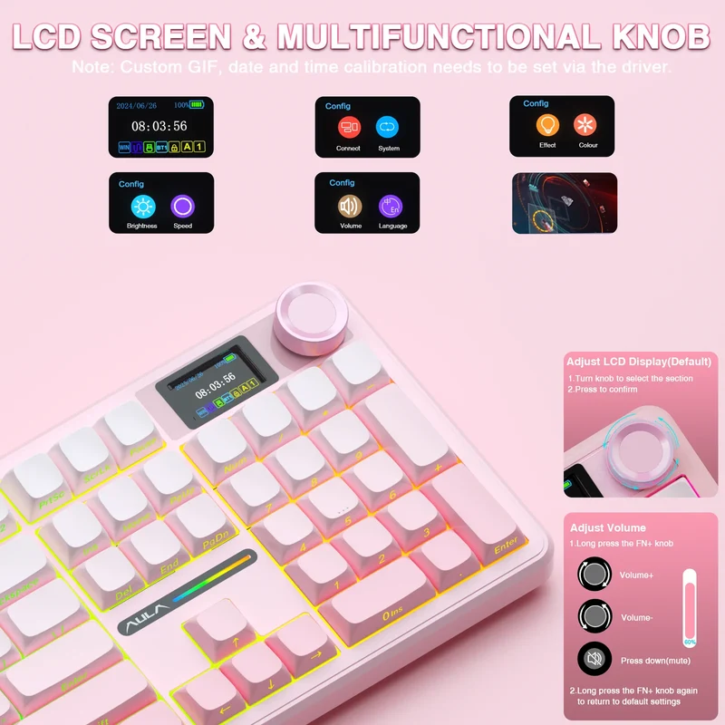 AULA F108 Pro Wireless Bluetooth Keyboard Macro Gaming Keyboard Gasket Hot-swap Full Size Keyboard with TFT Smart Display