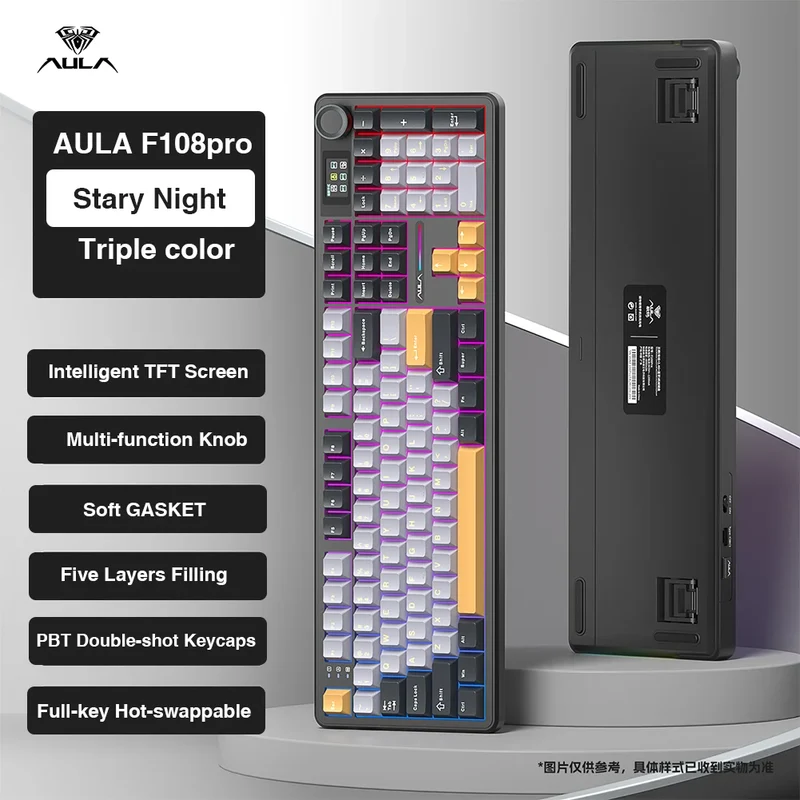 AULA F108 Pro Wireless Bluetooth Keyboard Macro Gaming Keyboard Gasket Hot-swap Full Size Keyboard with TFT Smart Display