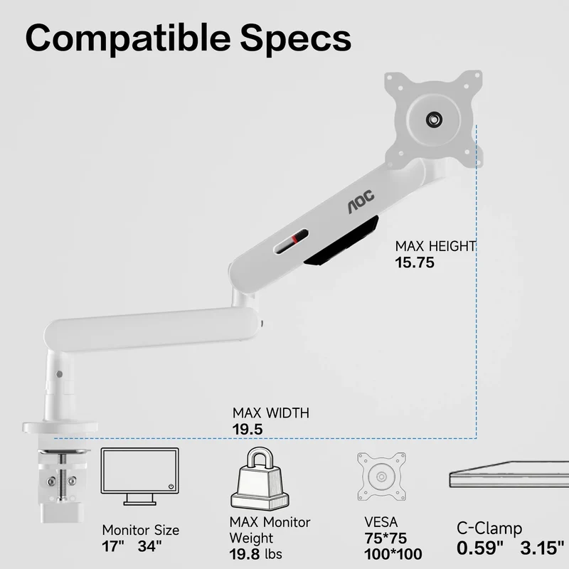AOC AM406PLUS Premium Aluminum Adjustable Single Monitor Mount Desktop Bracket Display Arm Holder Desktop Clamp Stand Home Office Monitor Stand
