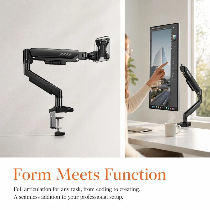 Single Monitor Arm 13-34 Inch, Adjustable Gas Spring Arm, Monitor Desk Mount for 4.4-19lbs, VESA 75/100mm with C-Clamp/Grommet Base, Ergonomic Stand for Work/Gaming