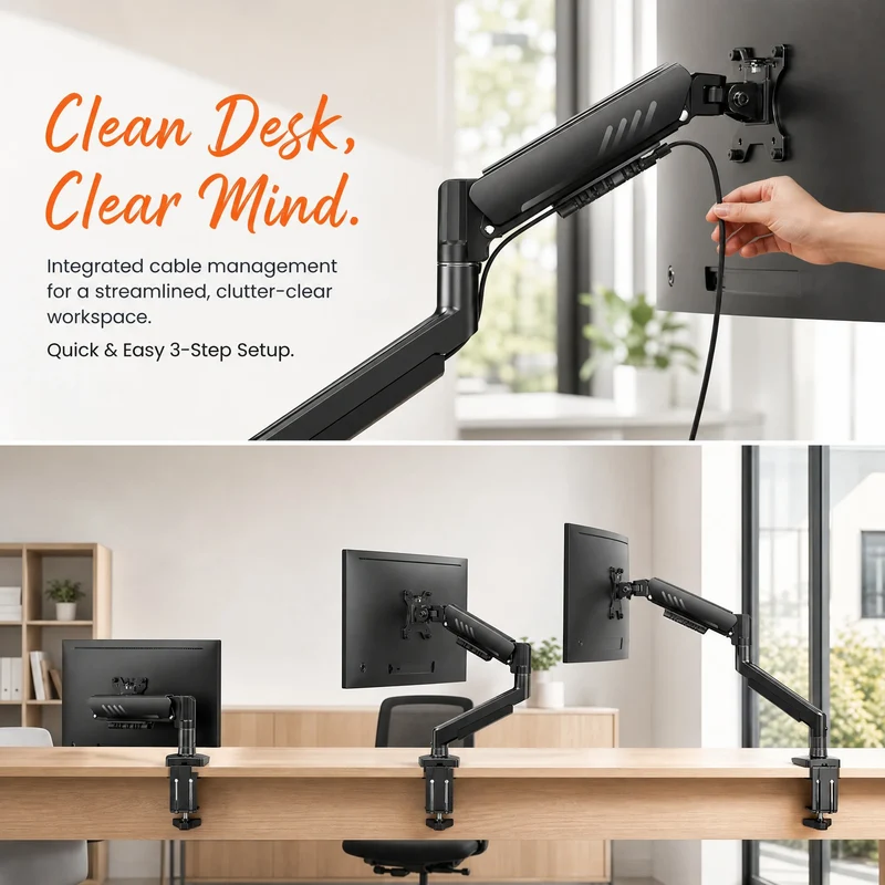 Single Monitor Arm 13-34 Inch, Adjustable Gas Spring Arm, Monitor Desk Mount for 4.4-19lbs, VESA 75/100mm with C-Clamp/Grommet Base, Ergonomic Stand for Work/Gaming