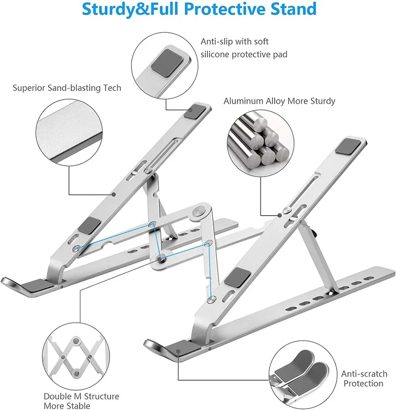 Foldable Aluminum Laptop Stand, 7-Level Adjustable Height, Anti-Slip Silicone Pads, Portable for 10-15.6 Inch Laptops & Tablets