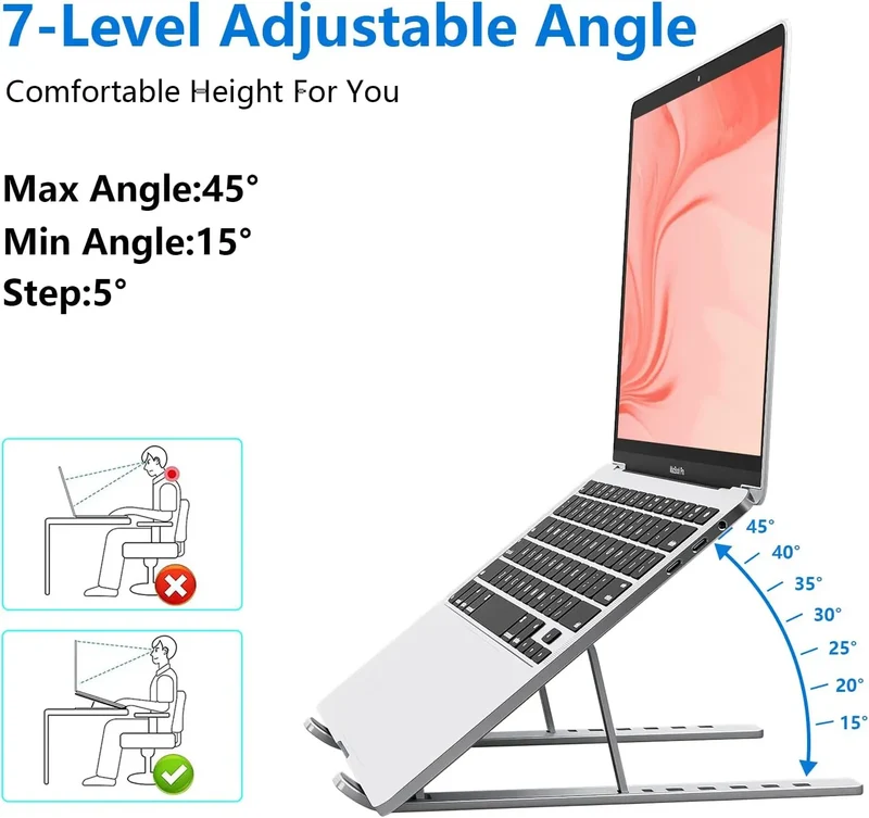 Foldable Aluminum Laptop Stand, 7-Level Adjustable Height, Anti-Slip Silicone Pads, Portable for 10-15.6 Inch Laptops & Tablets