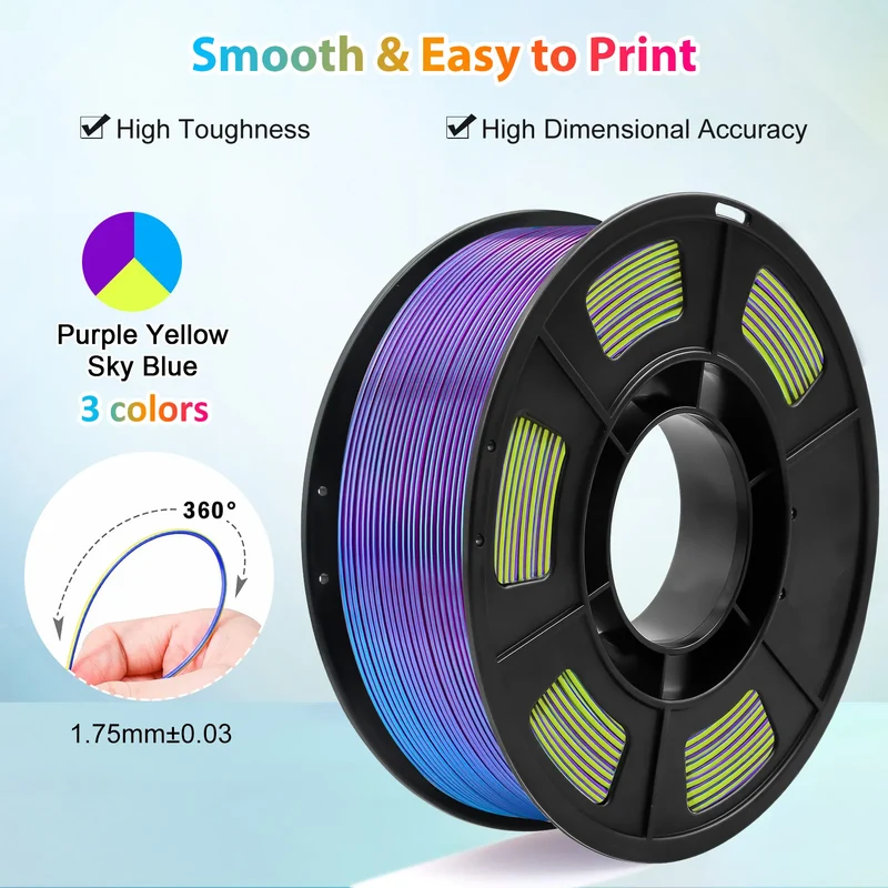 Tricolor Silk PLA 3D Printer Filament, 1.75mm Multicolor 3D Printing Filament, Purple&Sky Blue&Yellow Filament, 250g (0.55lbs)