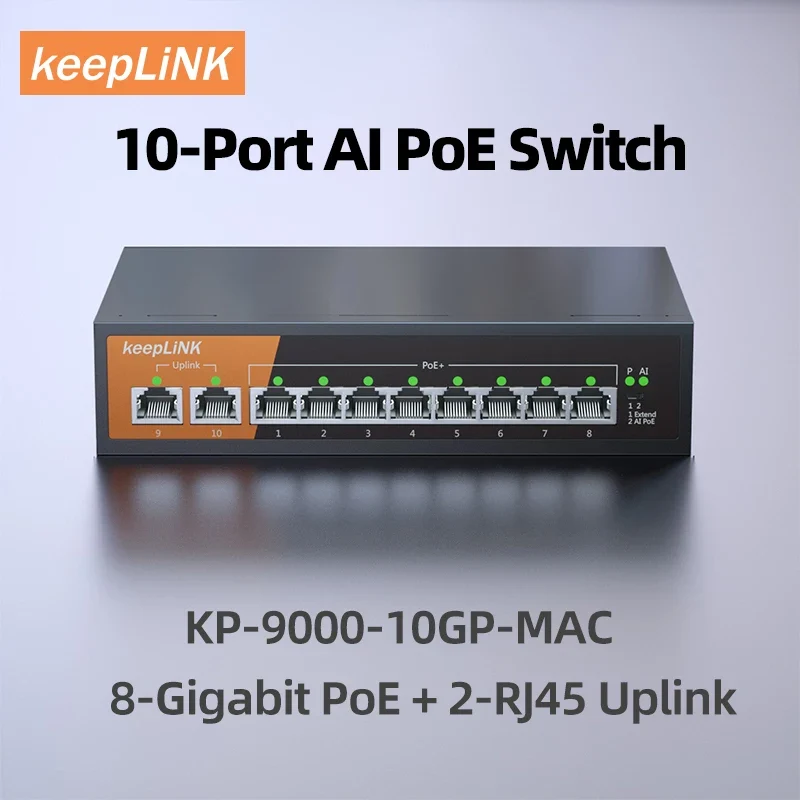 KeepLiNK 10-Port Gigabit Switch with 8-PoE and 2-RJ45 for Uplink Unmanaged Plug and Play