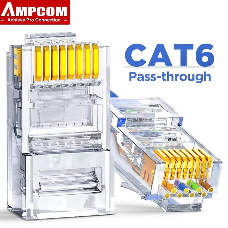 AMPCOM RJ45 Connector Pass Through CAT6 CAT5E Modular Plug Network Ends UTP 3U 50u Gold Plated 8P8C Crimp End for Ethernet Cable