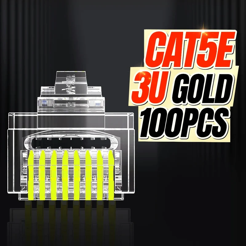 AMPCOM RJ45 Connector Pass Through CAT6 CAT5E Modular Plug Network Ends UTP 3U 50u Gold Plated 8P8C Crimp End for Ethernet Cable